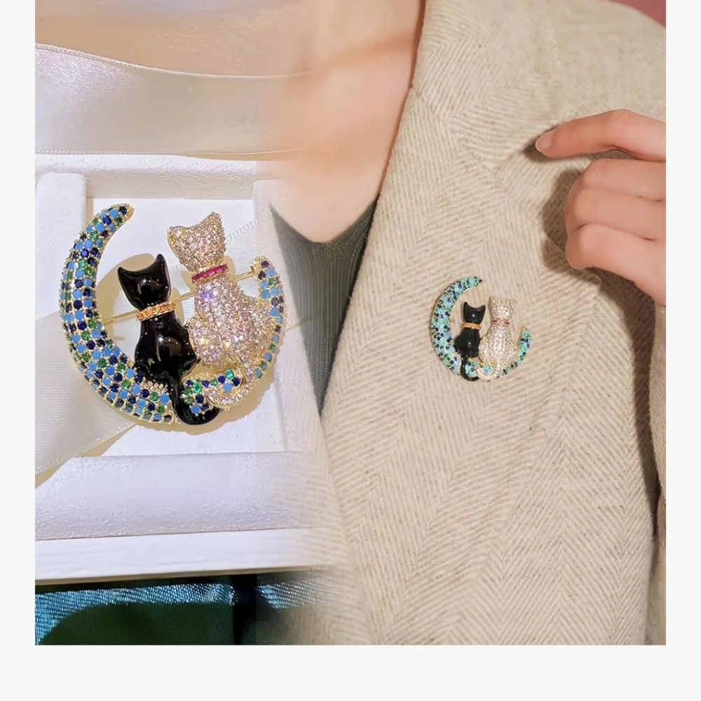 Elegant Black and Silver Cat Brooch Set